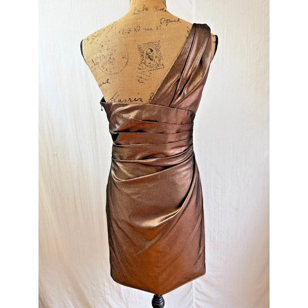 Robert Rodriguez One Shoulder Bronze Metallic Draped Cocktail Dress Size 6